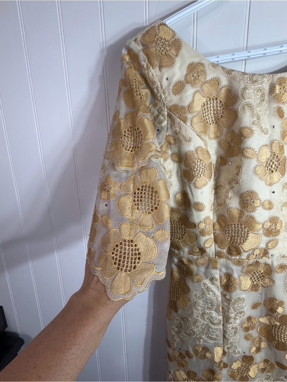 Vintage Gold Floral Embroidered Mermaid Maxi Dress Formal Gown Small Boho Glam - Picture 3 of 10